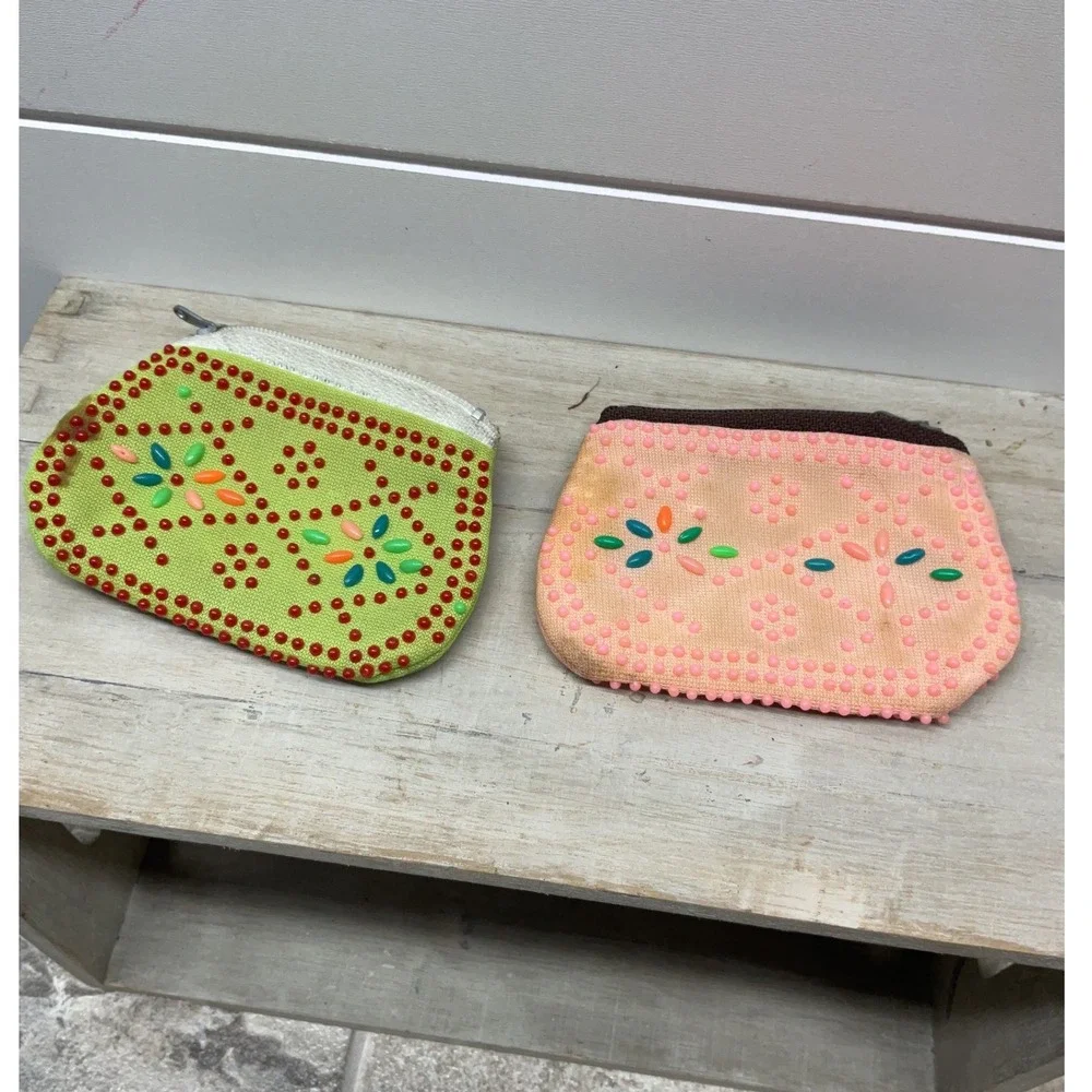 Vintage Beaded Coin Purse Set Lime Green Peach Floral Mid Century Retro Pouch